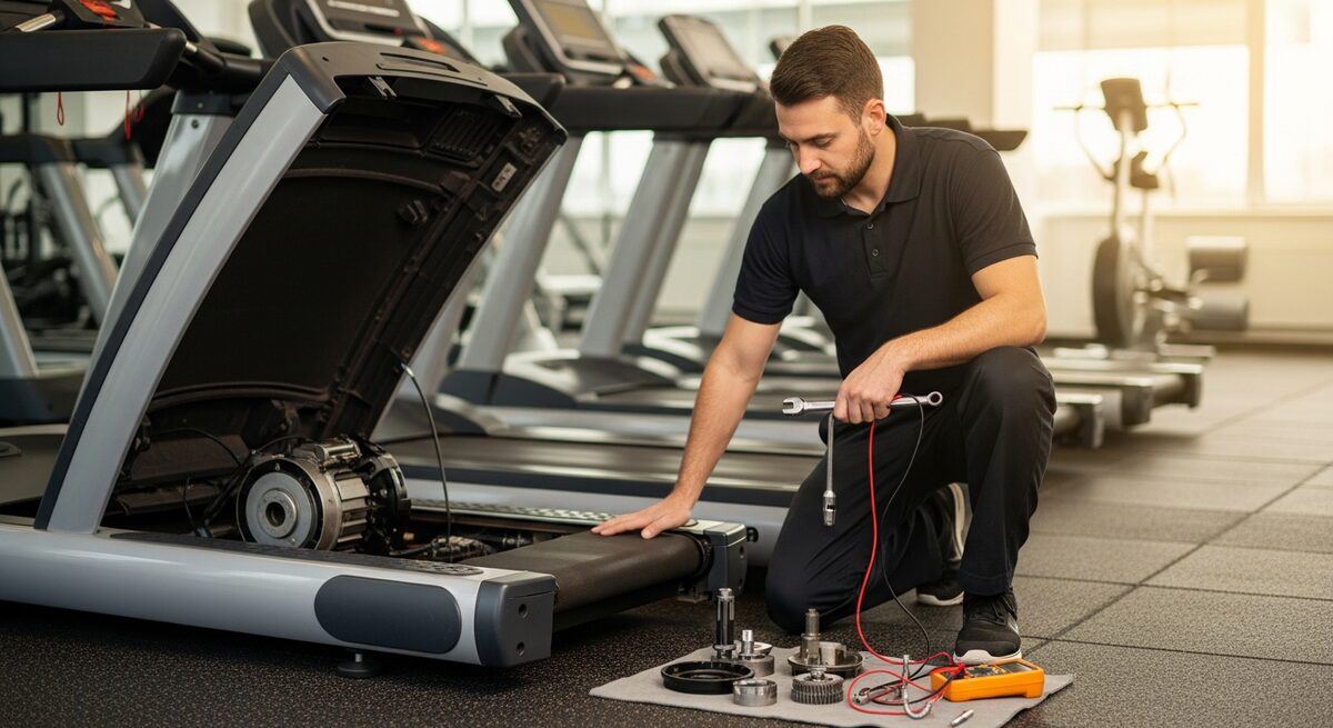 Technician using diagnostic tools to repair fitness equipment
