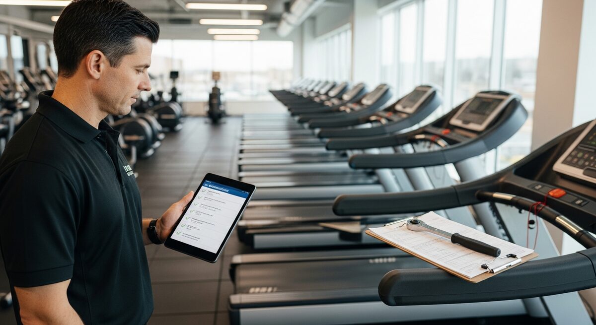 Technician inspecting commercial gym equipment for maintenance and safety risks