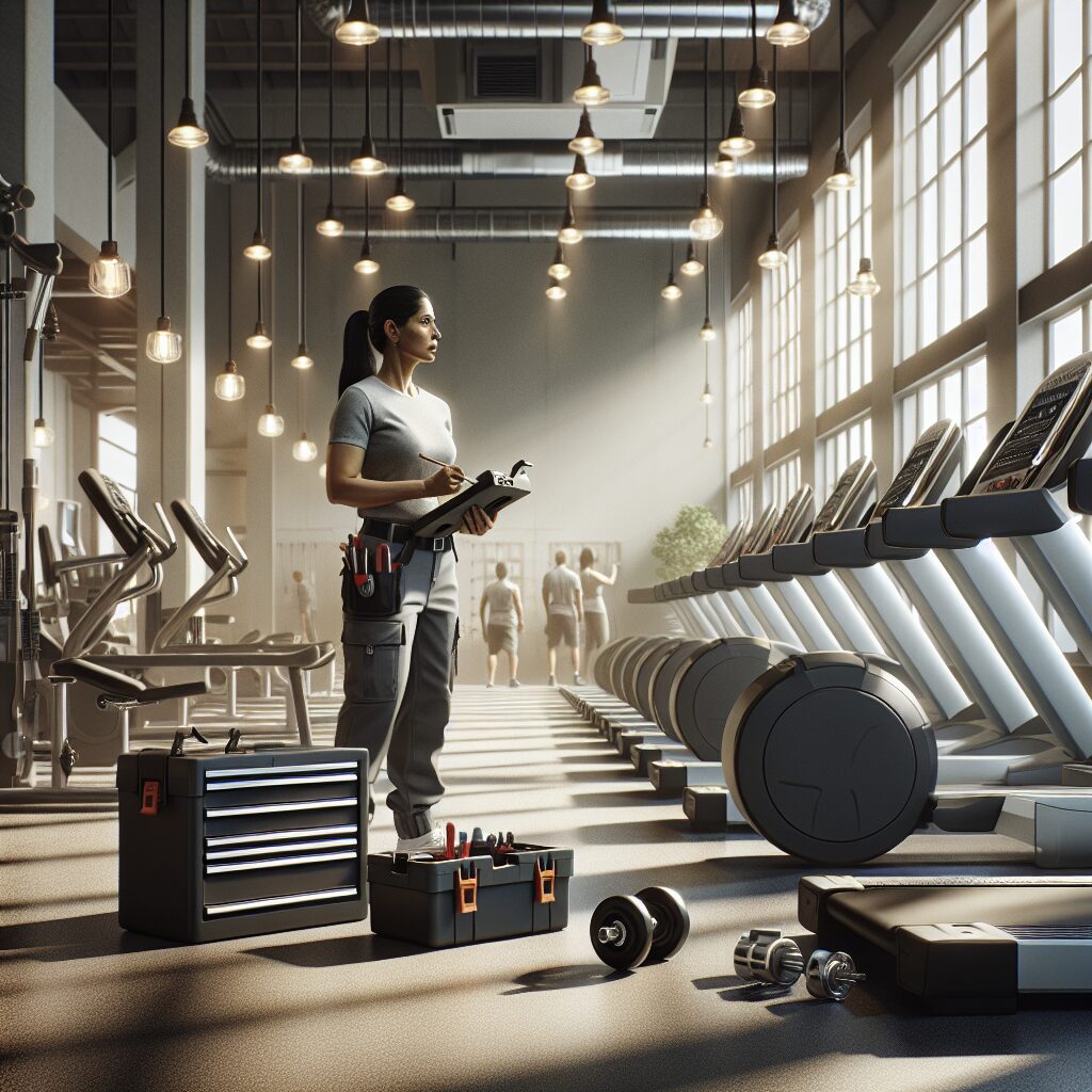 Fitness equipment technician inspecting the internal components of a treadmill