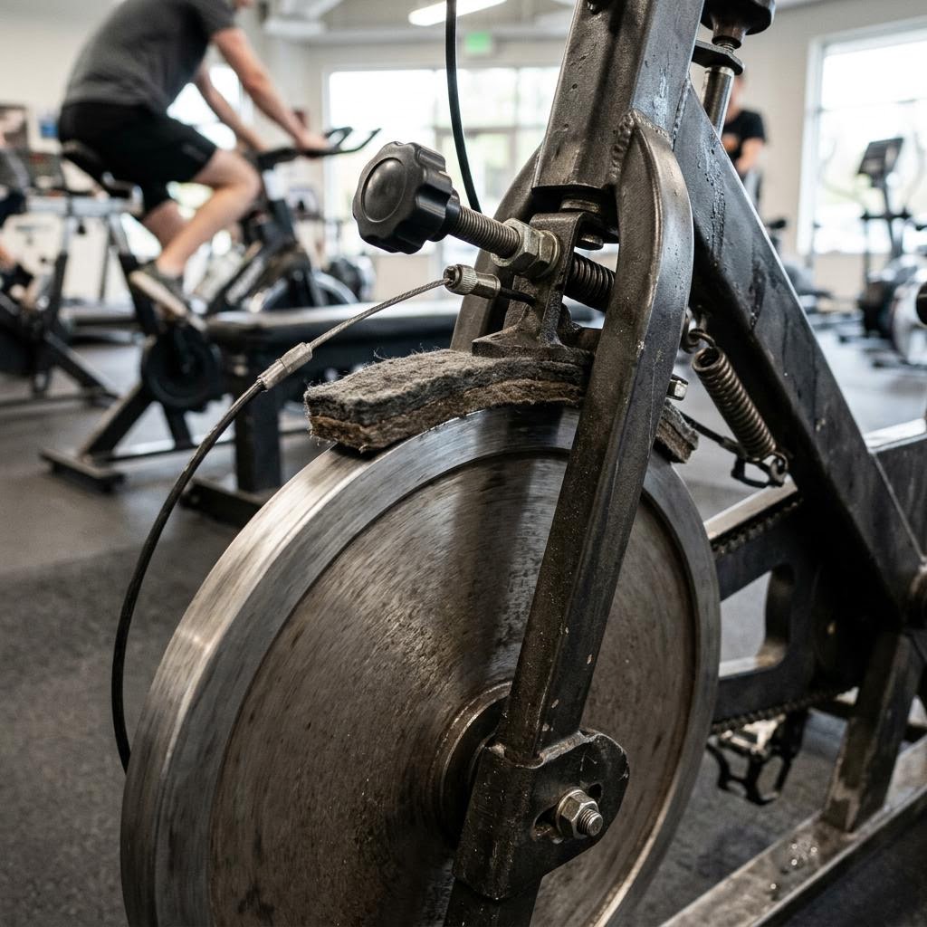 Exposed spin bike flywheel with felt brake pad and resistance mechanism