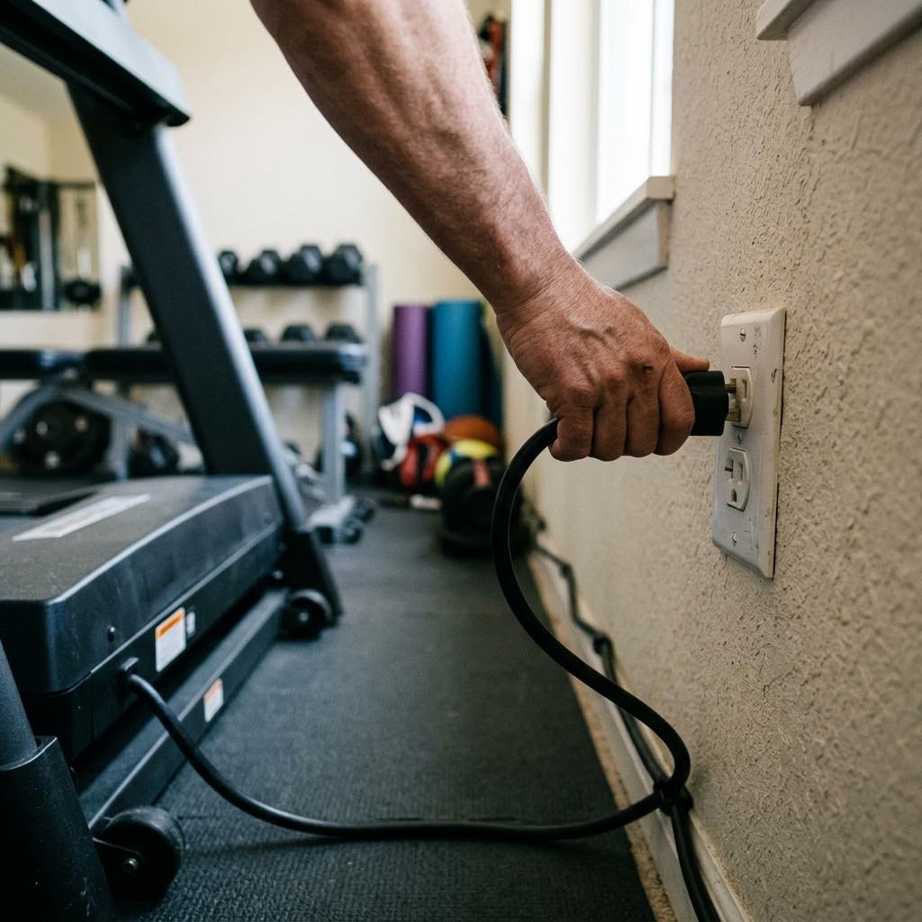 Treadmill power plug being connected to a dedicated wall outlet