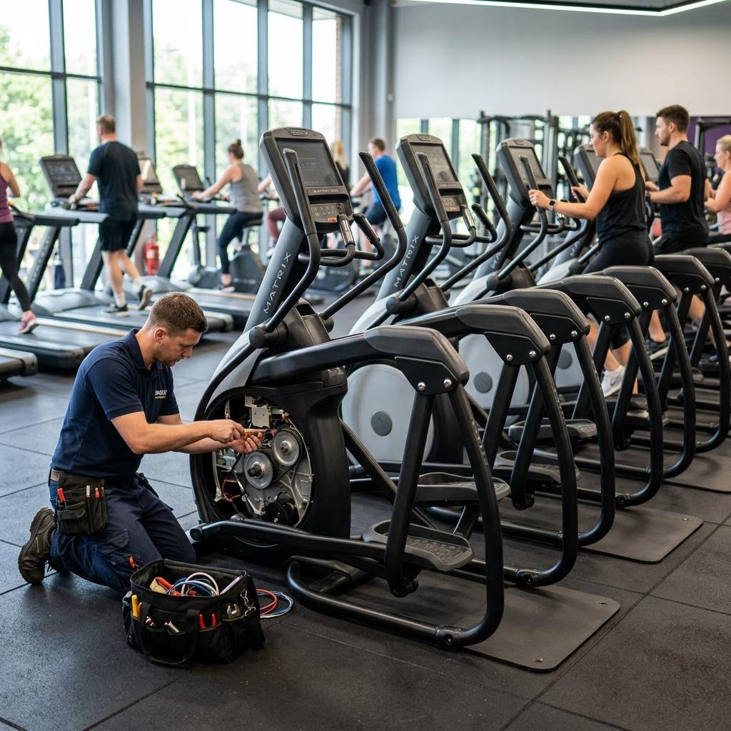 Row of commercial elliptical trainers in a fitness club, one opened for service