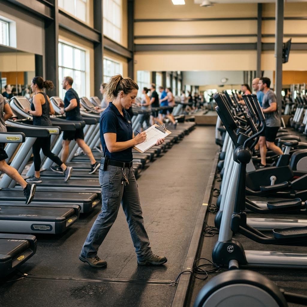 Maintenance technician with a checklist walking a commercial gym cardio floor