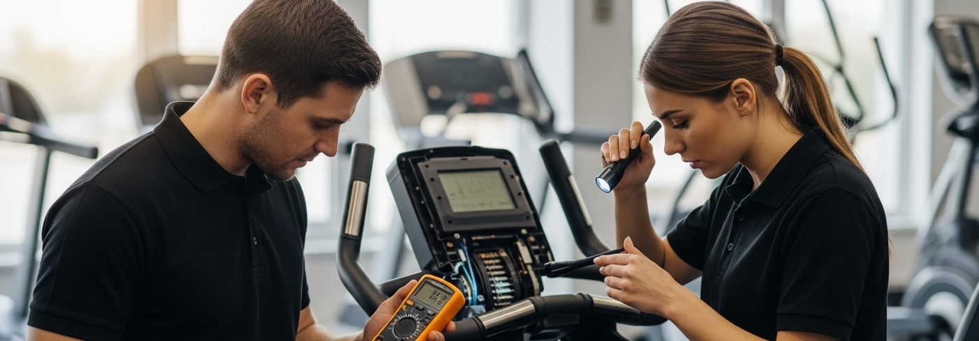 Two NCFET technicians diagnosing a stationary exercise bike with a multimeter