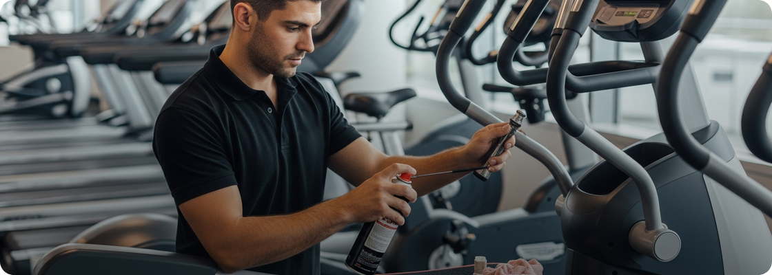NCFET technician performing preventive maintenance and lubrication on fitness equipment