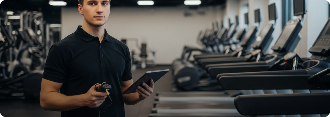 NCFET technician inspecting a row of treadmills with a tablet on a commercial gym floor