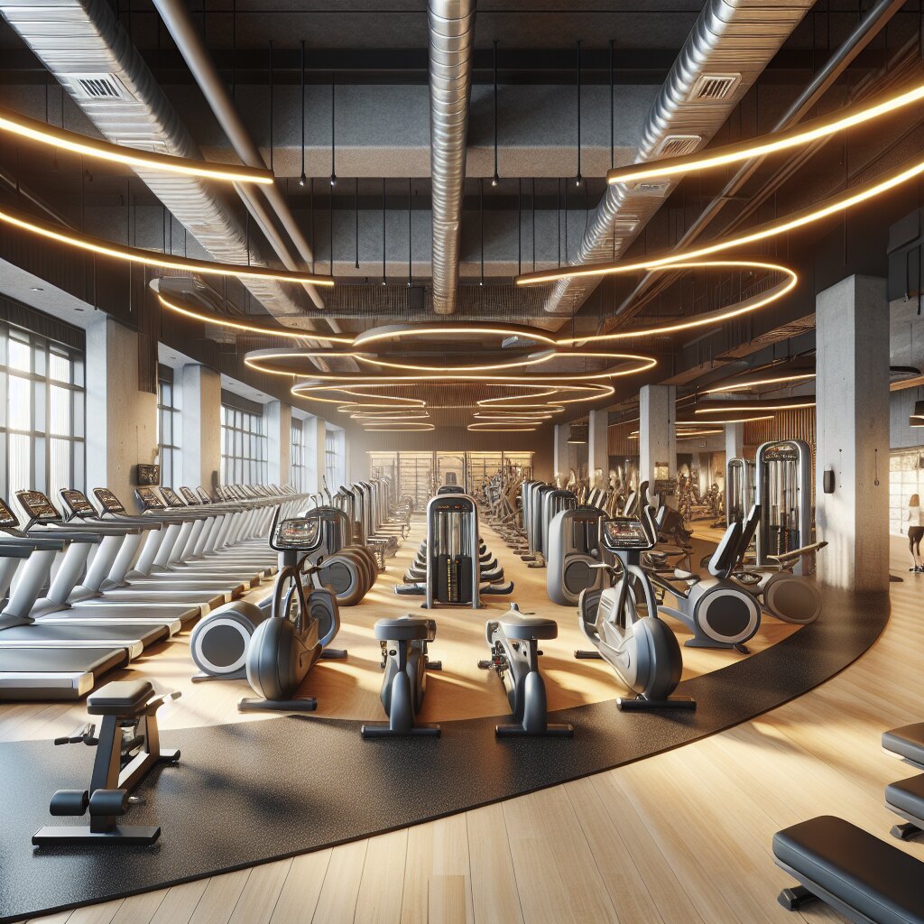 Modern commercial gym floor lined with treadmills, bikes, and strength equipment