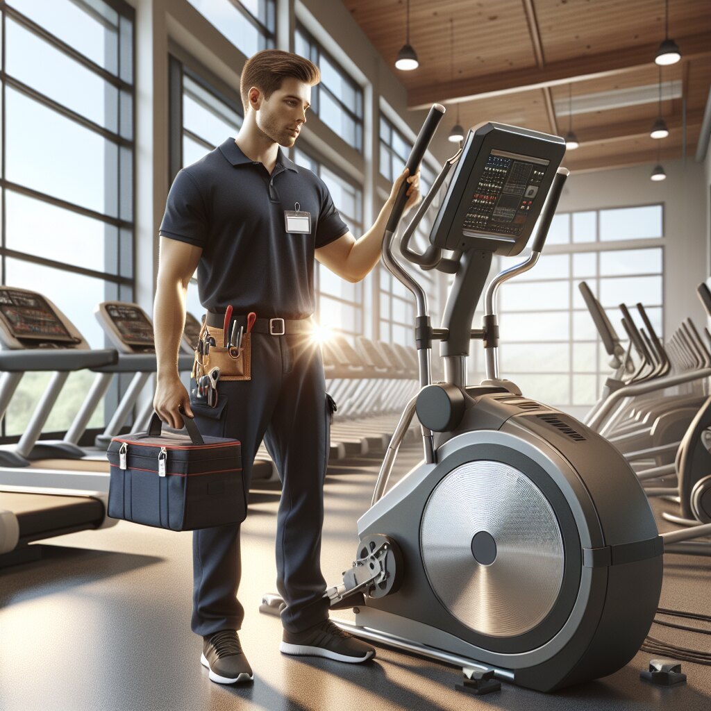 NCFET technician inspecting an elliptical machine on a gym floor