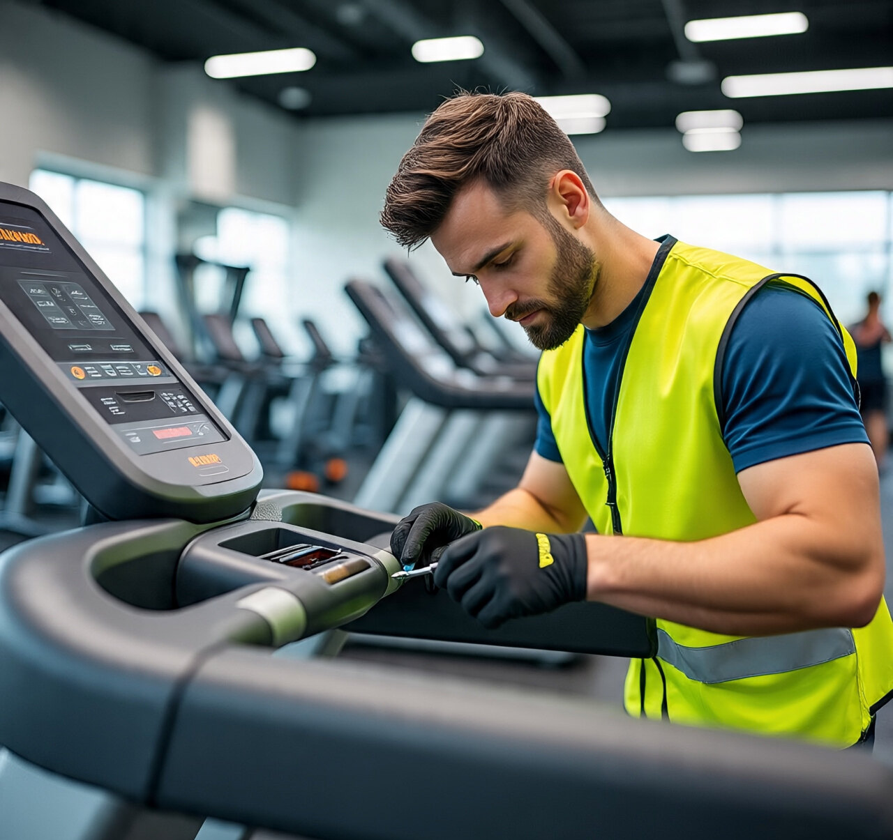 NCFET technician repairing a treadmill console in a gym